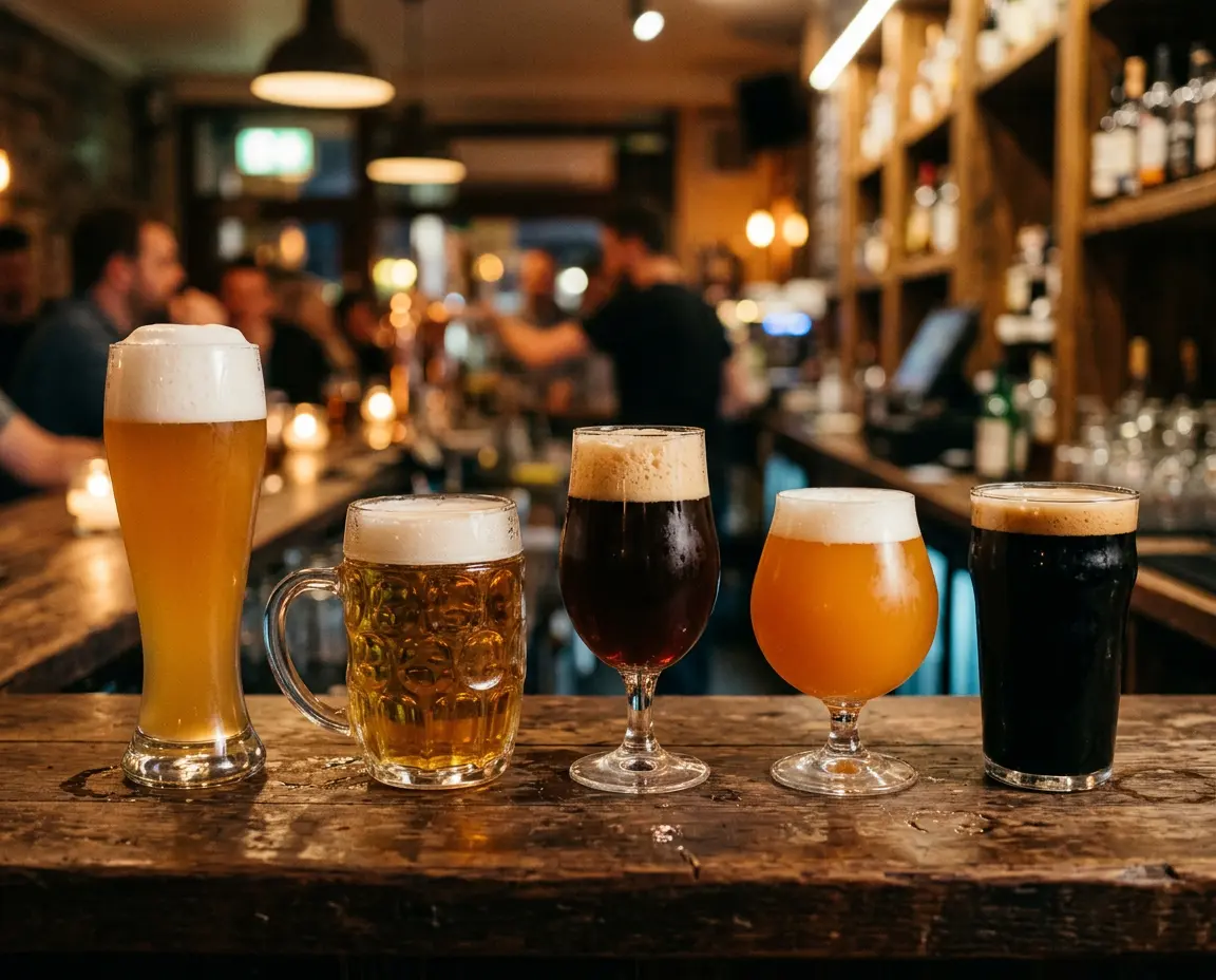Verschiedene Bierspezialitäten in Flaschen und Gläsern